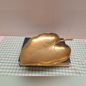 Vintage Solid Brass Leaf Trinket Dish Tray  10"
